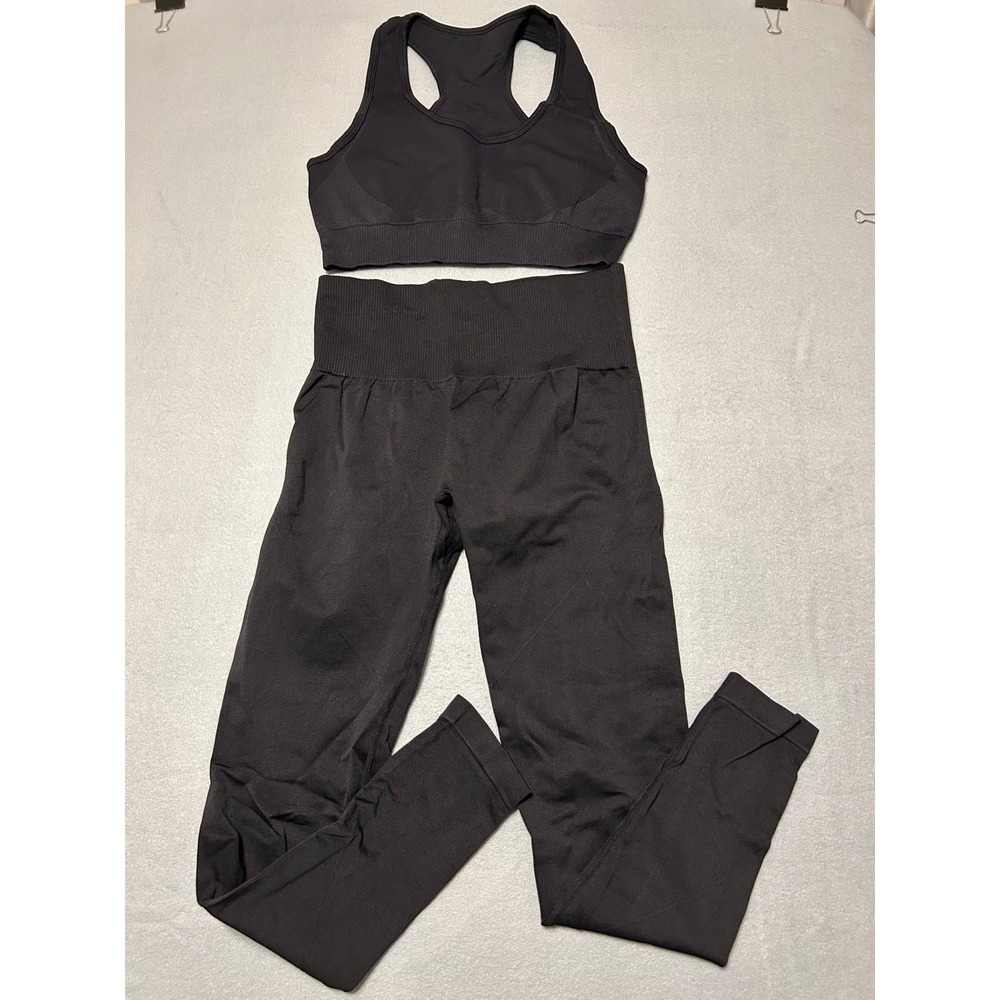 Seamless Workout Set Black Racerback Sports Bra High Waisted Leggings 2 Piece